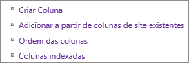 Close-up de Adicionar link de coluna existente na página Configurações