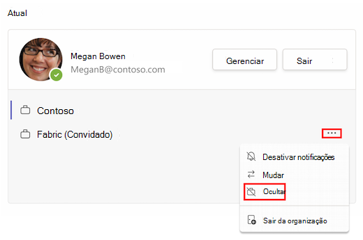 Uma caixa vermelha realça mais opções ao lado de uma organização convidada nas configurações da conta. Uma segunda caixa vermelha realça a opção ocultar.