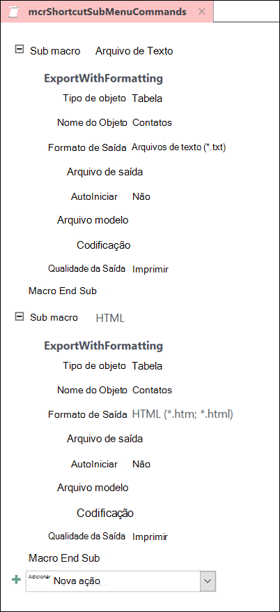 Captura de tela de uma macro no Access com dois submacros