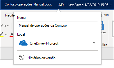 Menu suspenso do título do documento no Word para Office 365