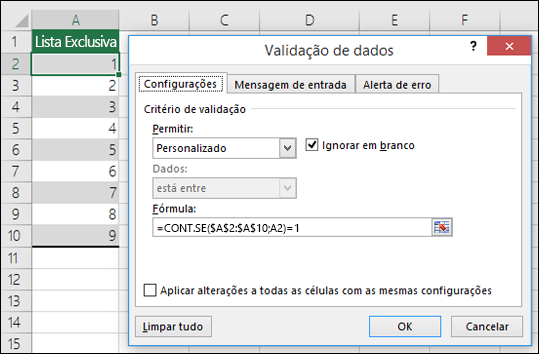 Exemplo 4: Fórmulas na validação de dados