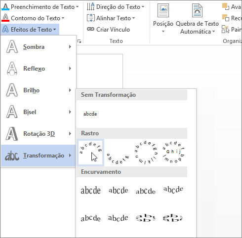 Selecionando um efeito de texto de transformação em curva