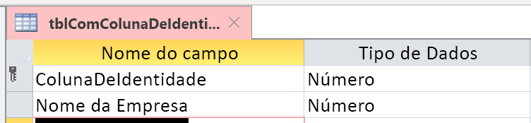 A Coluna de Identidade não foi identificada corretamente como Numeração Automática