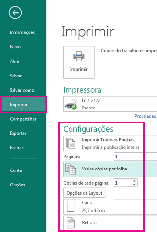 Clique em Arquivo, Imprimir para exibir as configurações de impressão do Publisher 2013