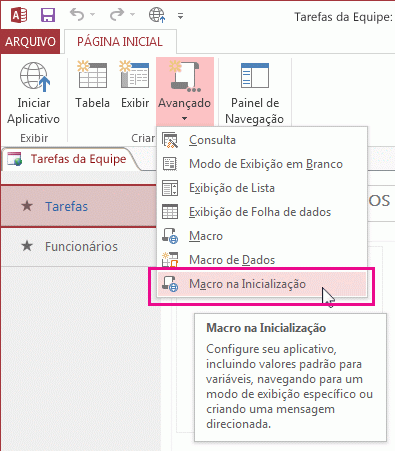 O comando Macro na Inicialização na faixa de opções.