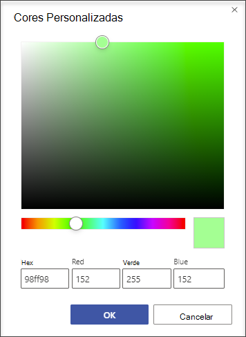 Na caixa de diálogo Cores Personalizadas, você pode especificar qualquer cor usando um valor hexadecimal ou um valor vermelho-verde-azul.