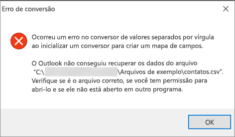 Esta é a mensagem de erro que irá receber quando o ficheiro de .csv estiver vazio.