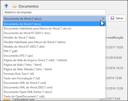 Clique no menu suspenso de tipo de arquivo para selecionar outro formato de arquivo para seu documento