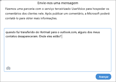 Um exemplo do que poderá escrever para nos informar de que os seus contactos estão em falta.