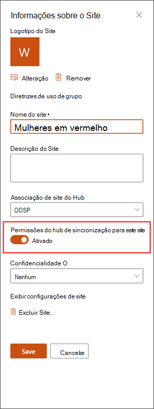 A alternância de permissões do Hub está ativada