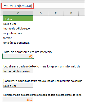 Conte o número total de caracteres em um intervalo e outras matrizes para trabalhar com cadeias de texto