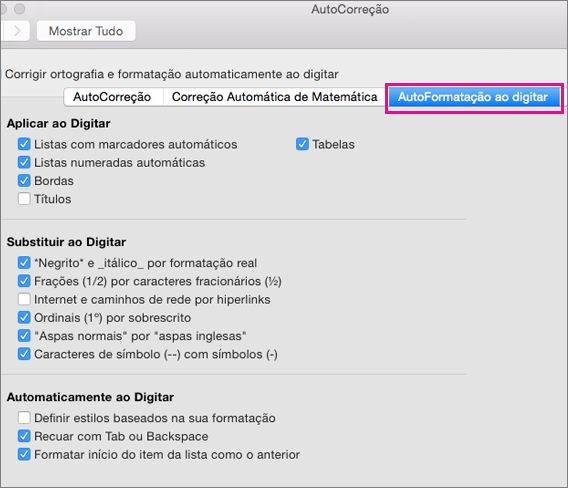 Em Preferências, a opção Formatação Automática ao Digitar é realçada