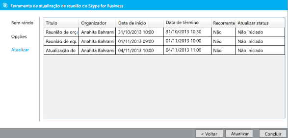 Captura de tela da atualização da ferramenta de migração de reunião