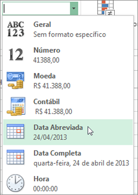 Comando Data Abreviada na galeria Formato do Número