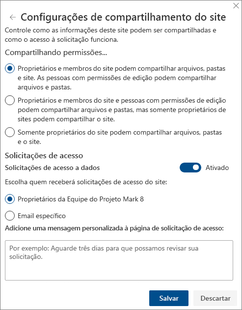 Captura de tela do painel de configurações de compartilhamento do site.