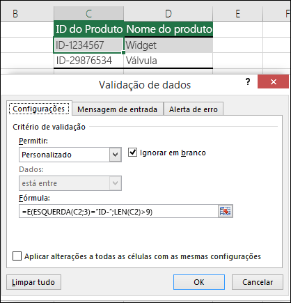 Exemplo 6: Fórmulas na validação de dados