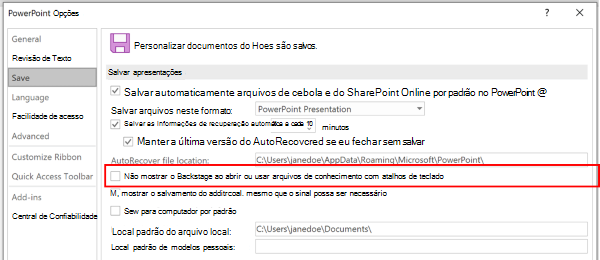 Uma captura de tela da caixa de diálogo Opções do PowerPoint destacando a configuração para não usar o Backstage ao salvar com atalhos de teclado