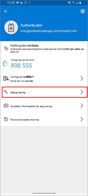 Home page de conta corporativa ou de estudante mostrando o link realçado Alterar senha