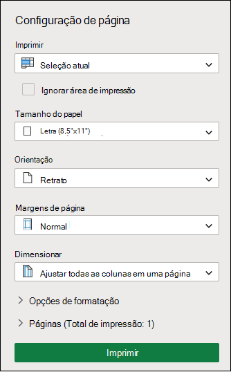 Imprimir Seleção Atual em Excel para a Web