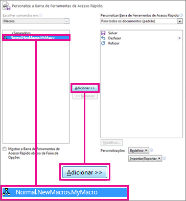 A macro e o botão Adicionar