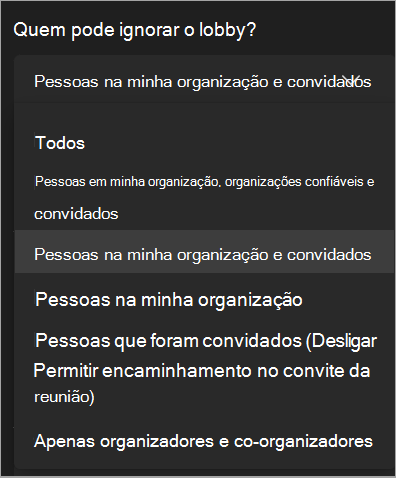 Captura de tela das configurações de bypass do lobby durante uma reunião.