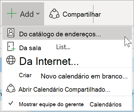 Adicionar um calendário a partir do livro de endereços no Outlook