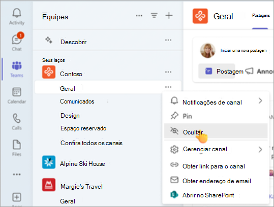 Ocultar o canal geral em sua equipe.