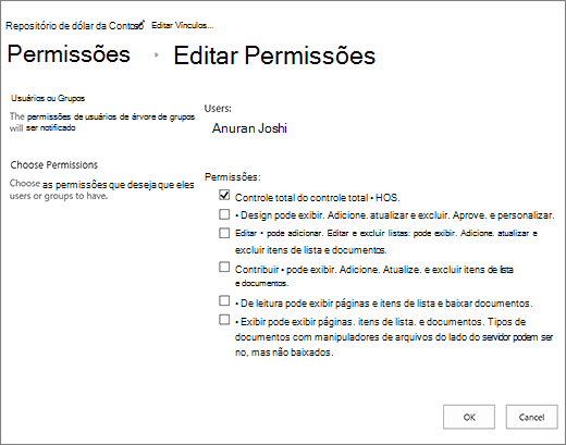 Alterar os níveis de permisison na caixa de diálogo de permissões