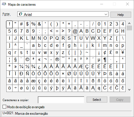 O programa Mapa de Caracteres do Windows