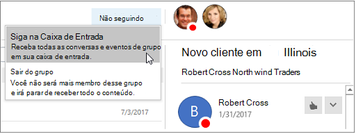 Botão Cancelar assinatura no cabeçalho de grupos no Outlook 2016