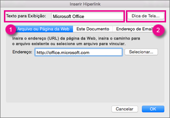 Caixa de diálogo Hiperlink do Office para Mac