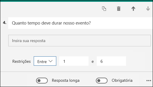 Pergunta de texto exibida com uma restrição de número entre 1 e 6