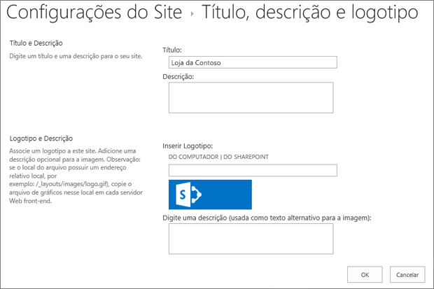 Página de configurações de título, descrição e logotipo