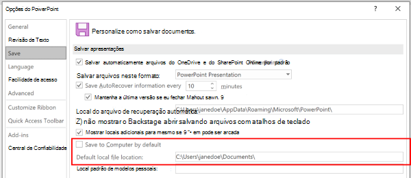 Uma captura de tela da caixa de diálogo Opções do PowerPoint destacando a seção para personalizar o local padrão