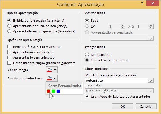 Mostra as opções de apontador laser no PowerPoint