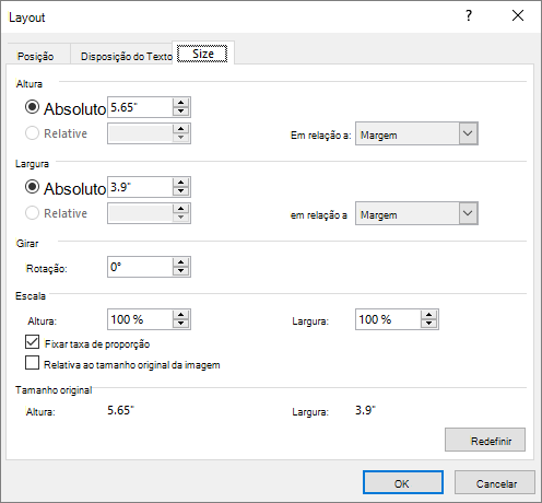 Guia Tamanho das opções de layout