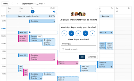 Captura de ecrã do Calendário a mostrar a seleção da Localização do trabalho