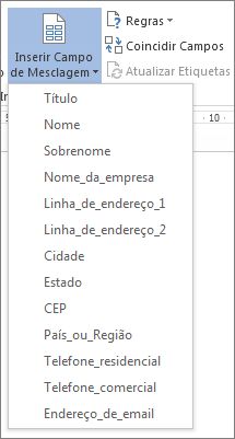 Menu Inserir Campo de Mesclagem de campos disponíveis