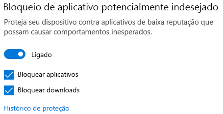 O controle de bloqueio de aplicativos potencialmente indesejados no Windows 10.