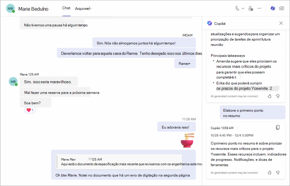 Continue a conversa com Copilot no chat do Teams.