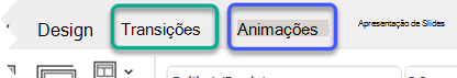 Imagem parcial da faixa de opções do PowerPoint, enfatizando as guias Transições e Animações.
