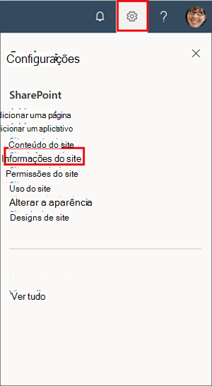 Imagem do painel de configurações com informações do site realçadas