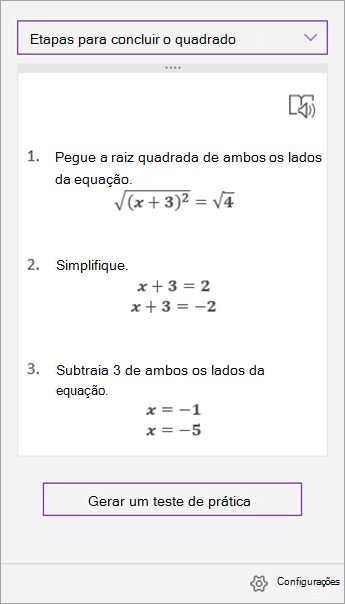 Etapas de solução no painel de tarefas do Assistente de Expressões Matemáticas