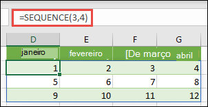 Crie uma constante de matriz de 3 linhas por 4 colunas com =SEQUÊNCIA(3;4)