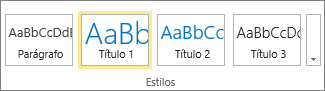 O instantâneo mostra o grupo Estilos na faixa de opções do SharePoint Online com o estilo Título 1 selecionado.