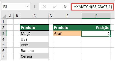 Uma tabela do Excel listando diferentes produtos de frutas da célula C3 a C7. A fórmula CORRESPX é usada para localizar a posição na tabela em que o texto corresponde a "gra" (definido na célula E3). A fórmula retorna "2" como o texto "Uva" está na posição dois na tabela.