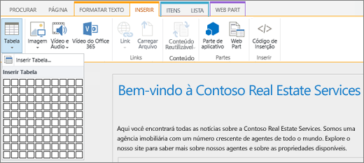 O instantâneo mostra a faixa de opções do SharePoint Online. Selecione a guia Inserir e selecione a tabela Inserir para especificar o número de linhas e colunas para uma nova tabela.