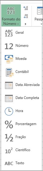 Formatos de números disponíveis