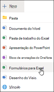 Opção Inserir formulário para Excel no Excel para a Web