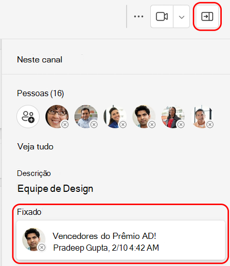 Uma postagem fixa é exibida no painel Detalhes do Canal.